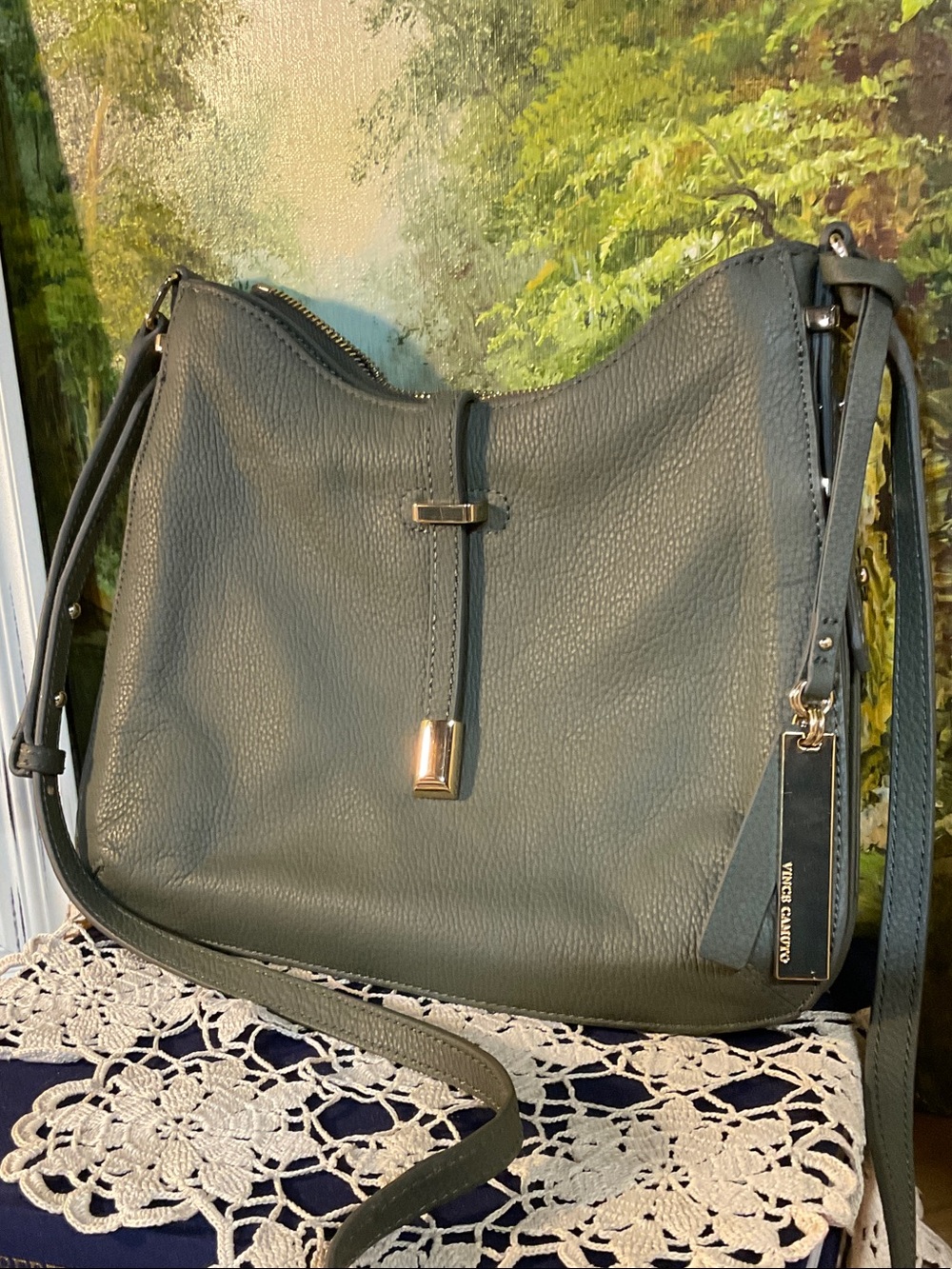 Vince Camuto Pebbled Shoulder Bag in Dusty Sage with Gold Hardware